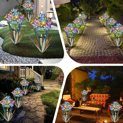 Solar Metal Agave Garden Stakes (3 PCS Blue) – Butterfly & Sunflower Outdoor Decor with Swaying Solar Lights for Yard, Patio & Lawn