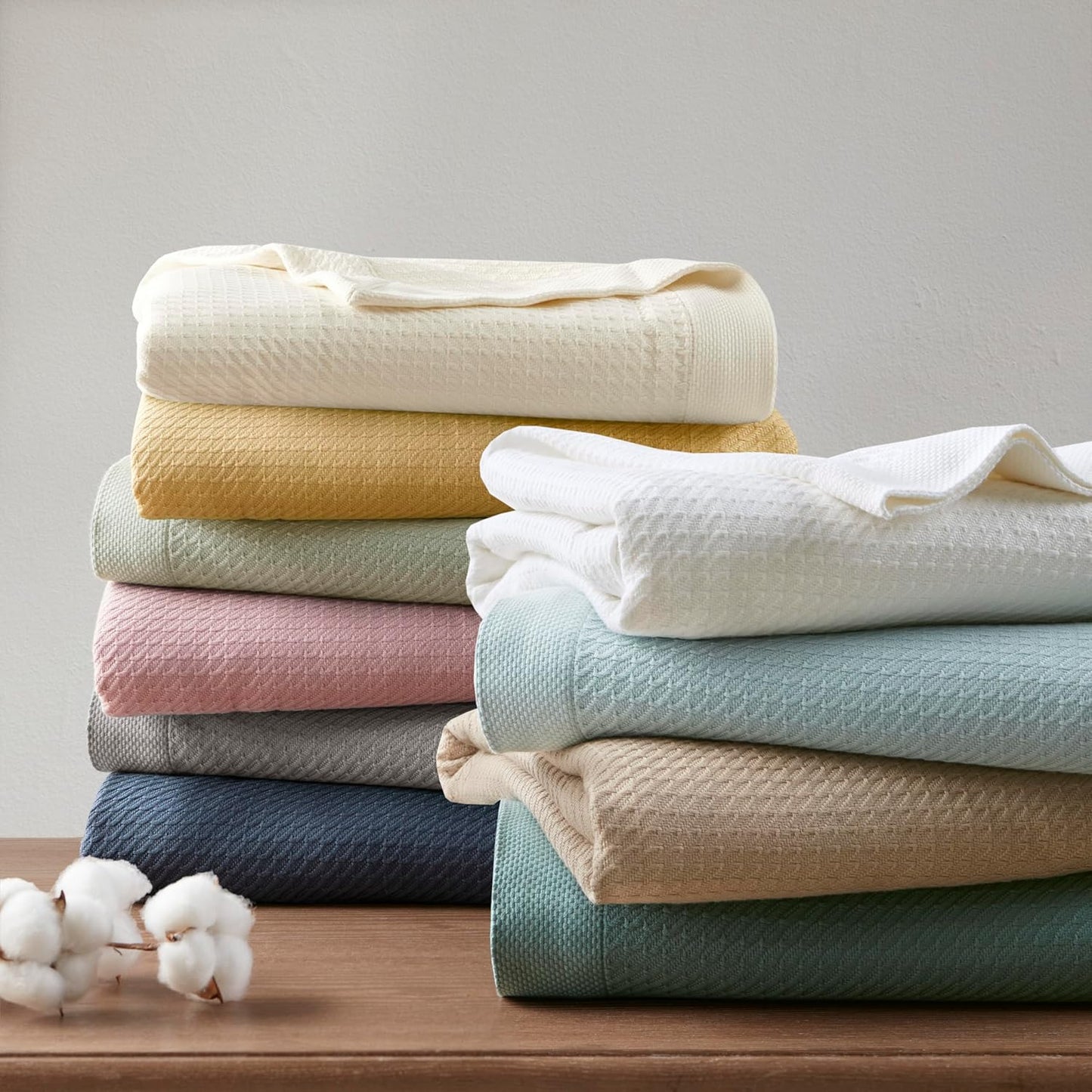 Lightweight Blue Waffle Knit Blanket, 100% Egyptian Cotton, Full/Queen (90"x90")