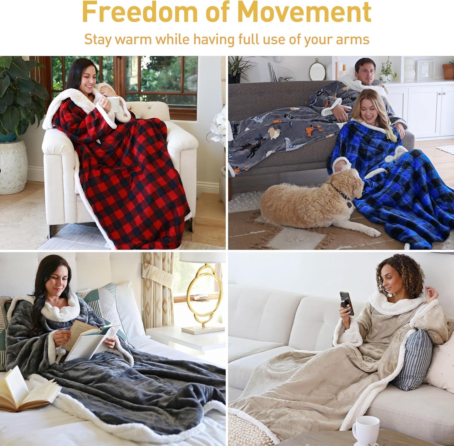 Sherpa Wearable Blanket with Sleeves – Super Soft, Warm Fleece TV Throw for Adults (Buffalo Plaid)