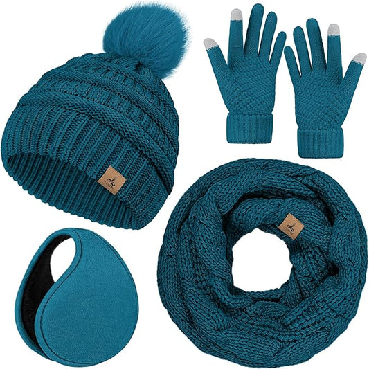 Women’s Winter Beanie, Scarf, Touchscreen Gloves & Ear Warmer Set – Warm Knit Gift