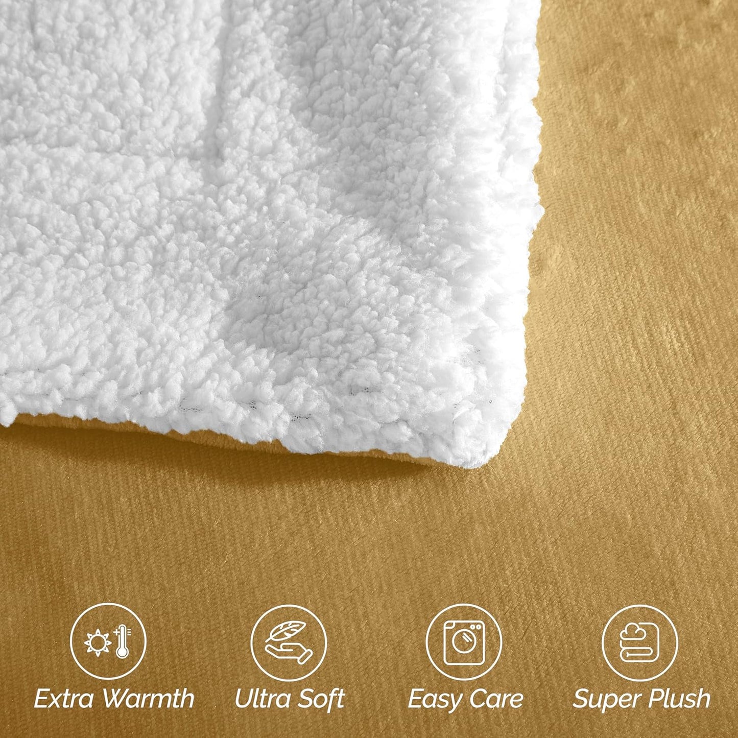 Reversible Flannel Sherpa Blanket - Cozy Fleece Throw, Queen, Gold