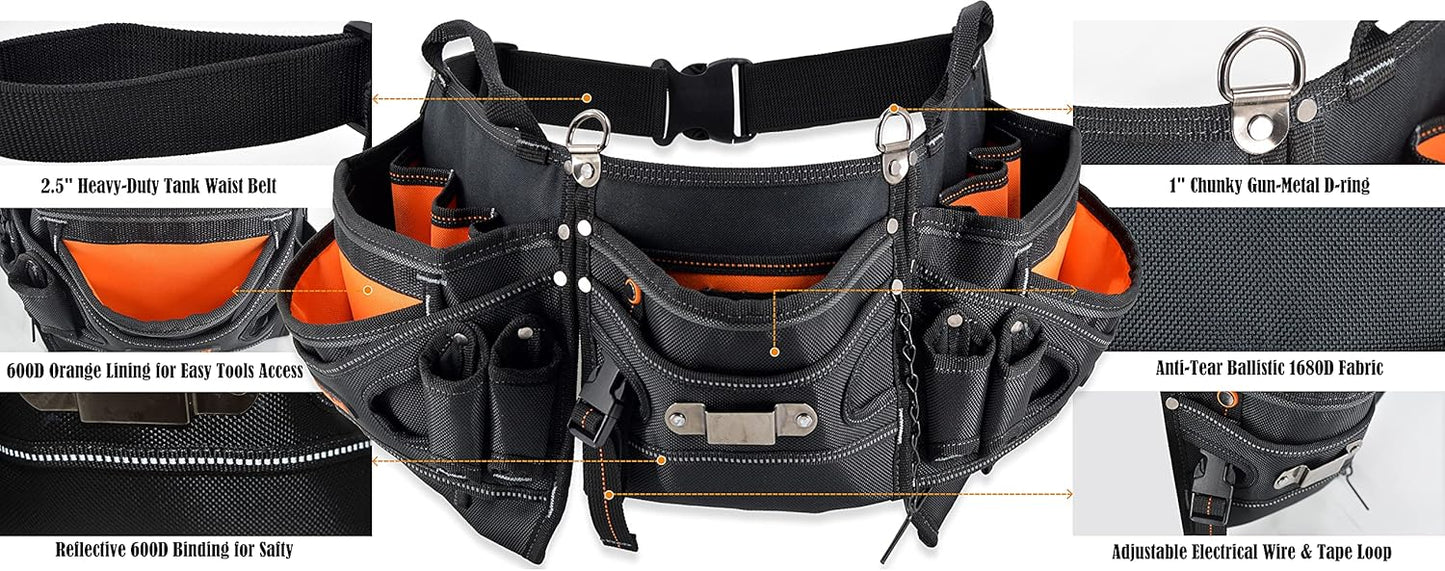 Heavy-Duty Electrician Tool Belt – Technician & HVAC Tool Pouch Belt for Men (Black/Orange)