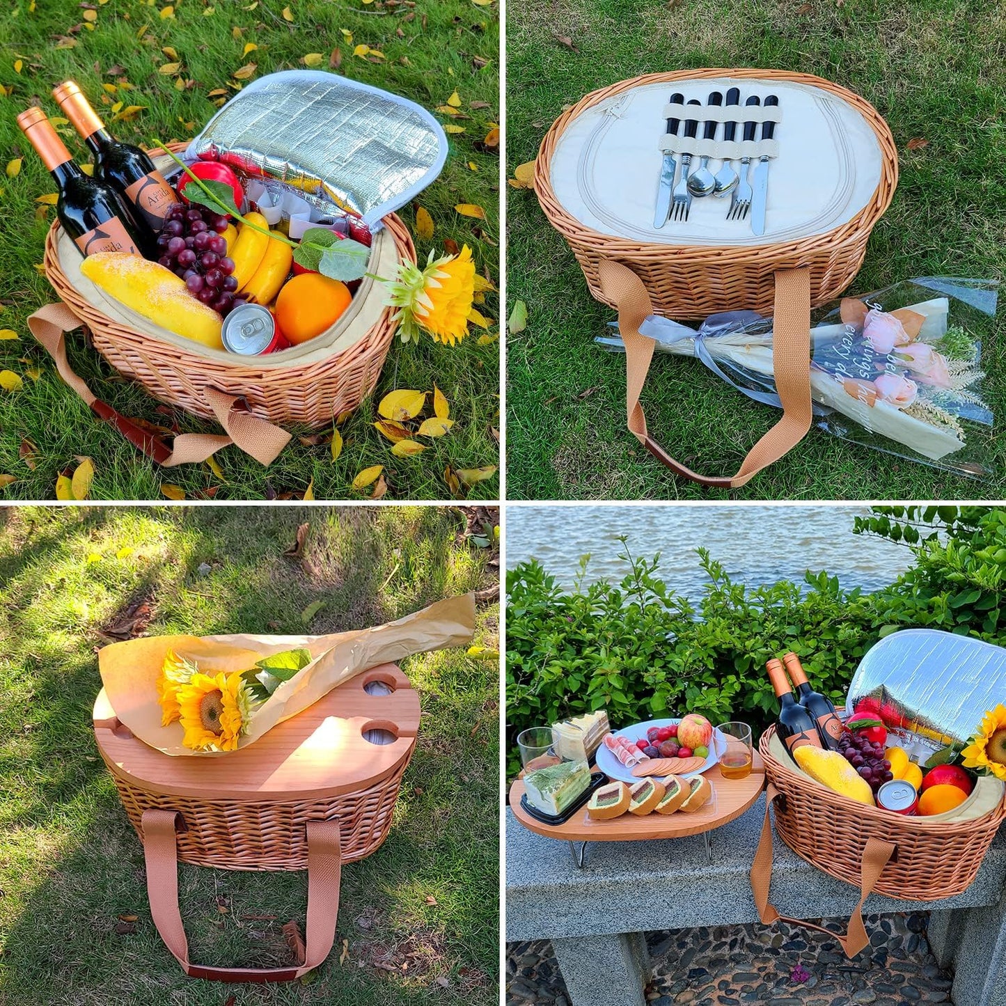 Wicker Picnic Basket Set for 2 – Includes Mini Folding Wine Table, Insulated Cooler & Full Cutlery Kit