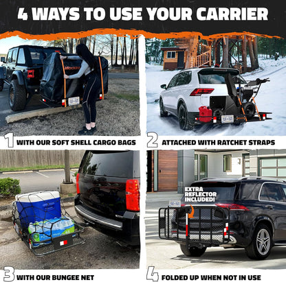 Heavy-Duty Folding Hitch Cargo Carrier – 60" x 24" x 6" 500 lb Capacity with 25 Cu. Ft. Waterproof Cargo Bag, License Plate Bracket & Accessories