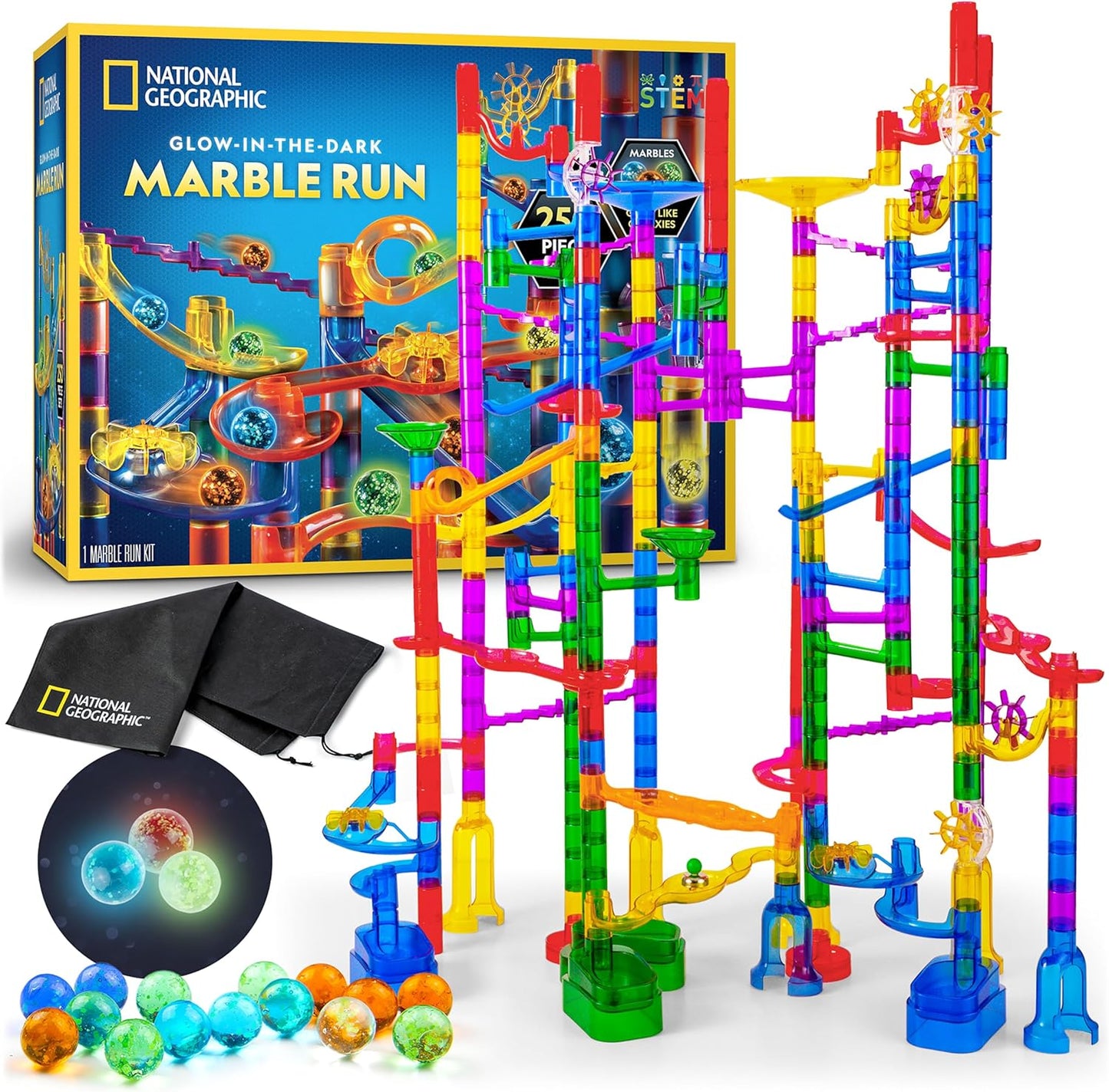 National Geographic Glowing Marble Run – 250-Piece STEM Set with 50 Glow-in-the-Dark Marbles & Storage Bag