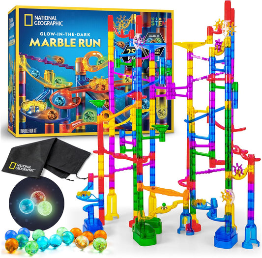 National Geographic Glowing Marble Run – 250-Piece STEM Set with 50 Glow-in-the-Dark Marbles & Storage Bag