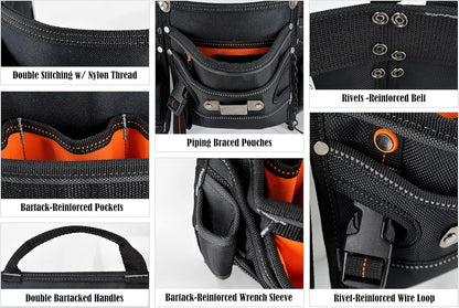Heavy-Duty Electrician Tool Belt – Technician & HVAC Tool Pouch Belt for Men (Black/Orange)