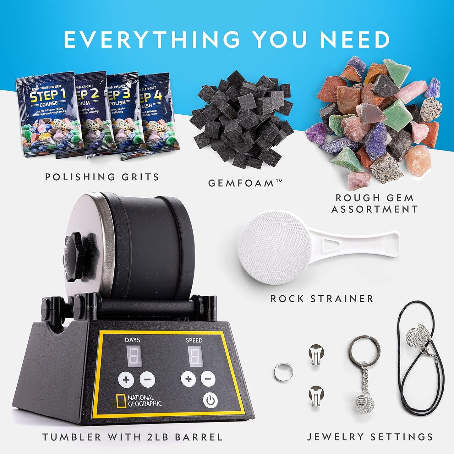 National Geographic Professional Rock Tumbler Kit – 2 lb Barrel with Rocks, Grit & GemFoam Polish