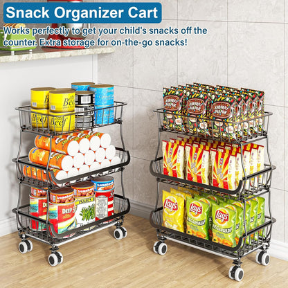 3-Tier Rolling Pantry Organizer Cart – Stackable Wire Baskets for Kitchen, Fruit & Snack Storage with Wheels