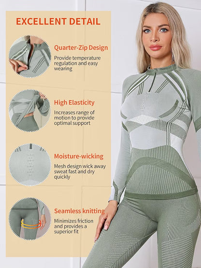 Women’s Thermal Underwear Set – Winter Long Johns Base Layer, White & Green, Size Medium