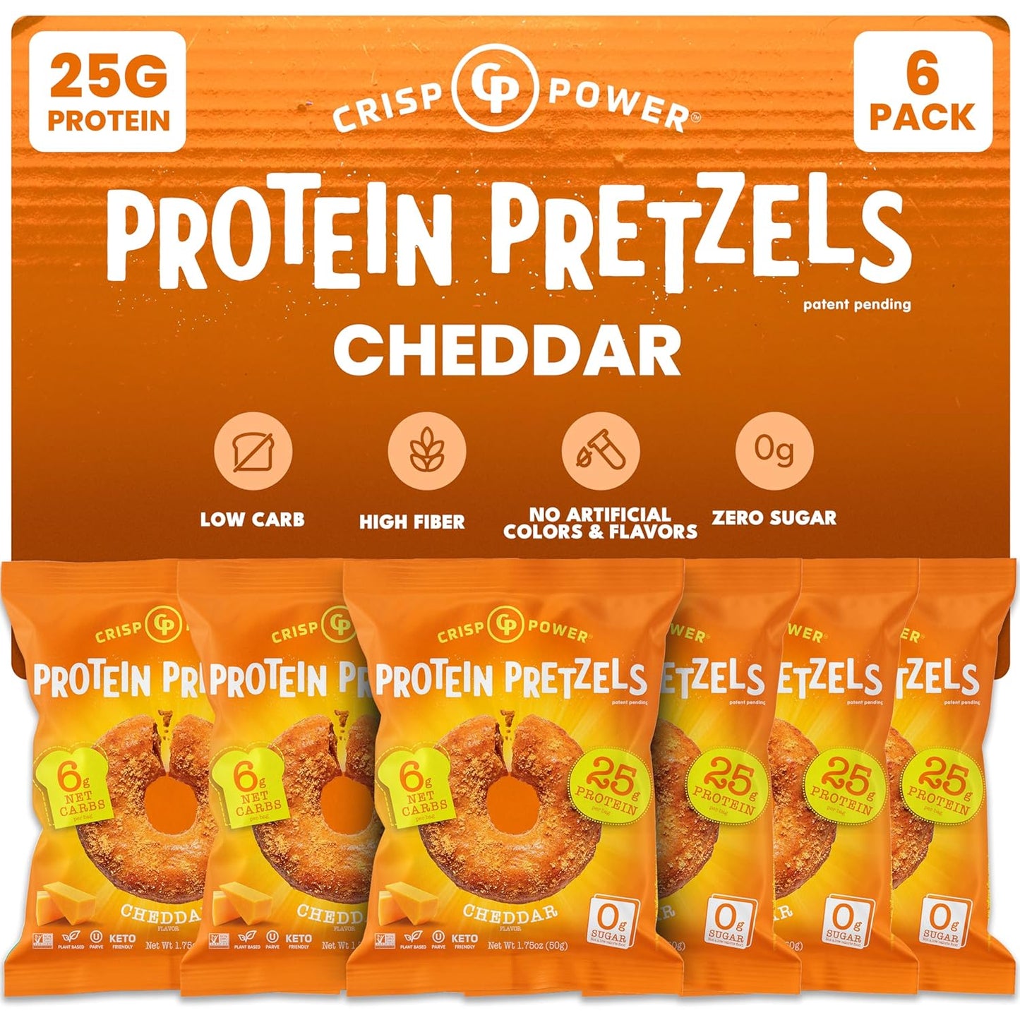 Cheddar Protein Pretzels – 25g Protein, High Fiber, Low Carb – No Added Sugar – 6 Pack – Vegan & Keto