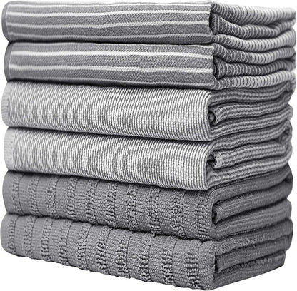 Premium Cotton Kitchen Towels (20"x 28", 6-Pack) | Absorbent Dish Cloths with Hanging Loop | Gray