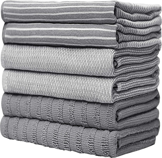 Premium Cotton Kitchen Towels (20"x 28", 6-Pack) | Absorbent Dish Cloths with Hanging Loop | Gray