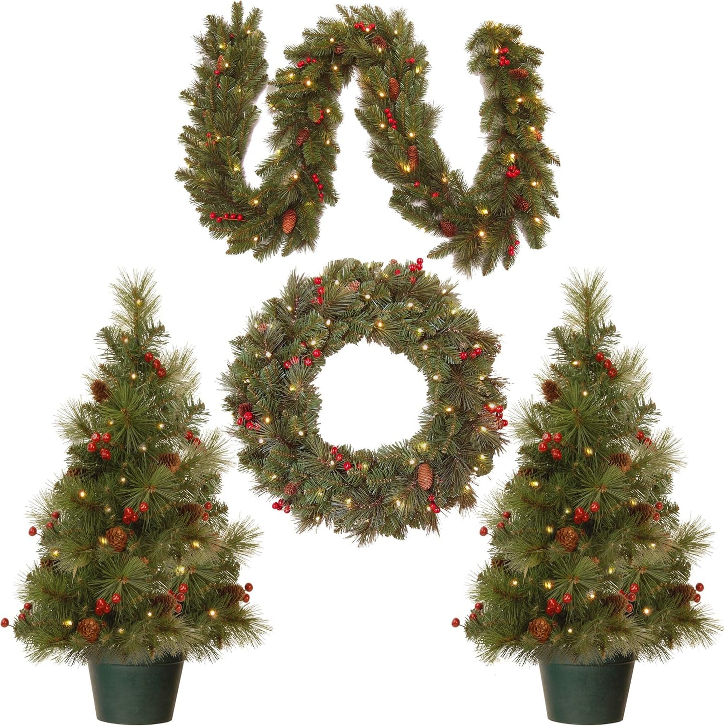 Pre-Lit Christmas Decoration Set - 4 Pieces with Trees, Wreath, and Garland