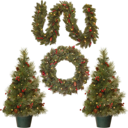 Pre-Lit Christmas Decoration Set - 4 Pieces with Trees, Wreath, and Garland