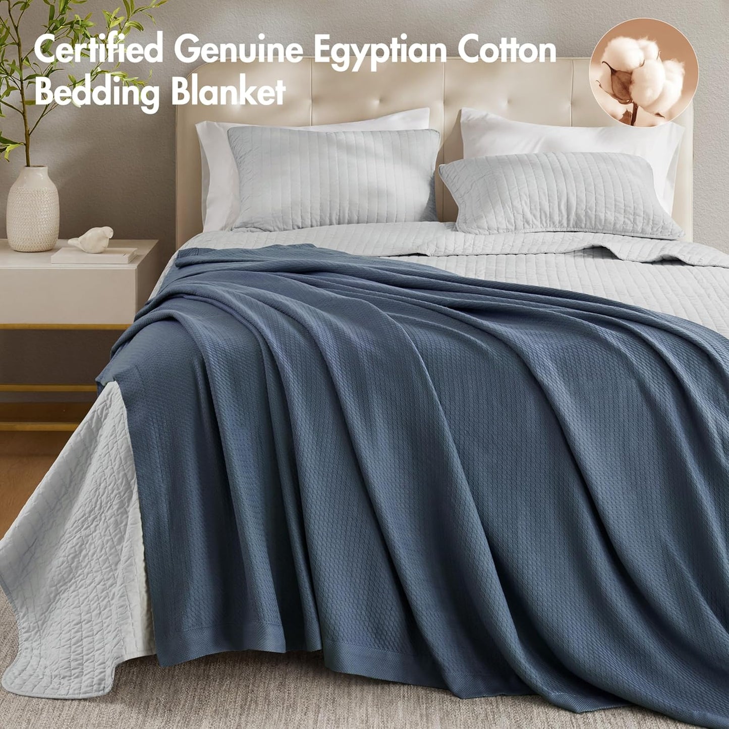 Lightweight Blue Waffle Knit Blanket, 100% Egyptian Cotton, Full/Queen (90"x90")