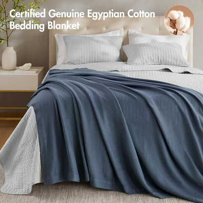 Lightweight Blue Waffle Knit Blanket, 100% Egyptian Cotton, Full/Queen (90"x90")