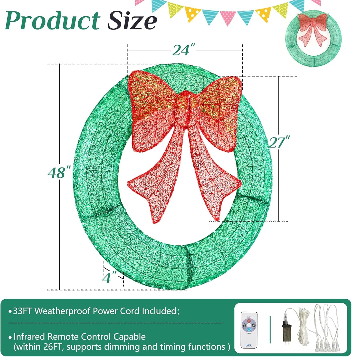 48in Pre-Lit Christmas Wreath with LED Lights and Red Bow