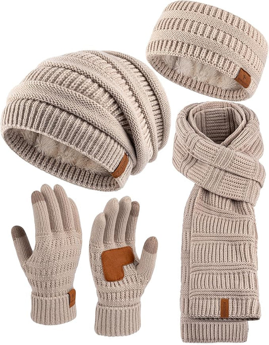 Women’s Winter 4-Piece Knit Set – Beanie, Scarf, Touchscreen Gloves & Ear Warmer