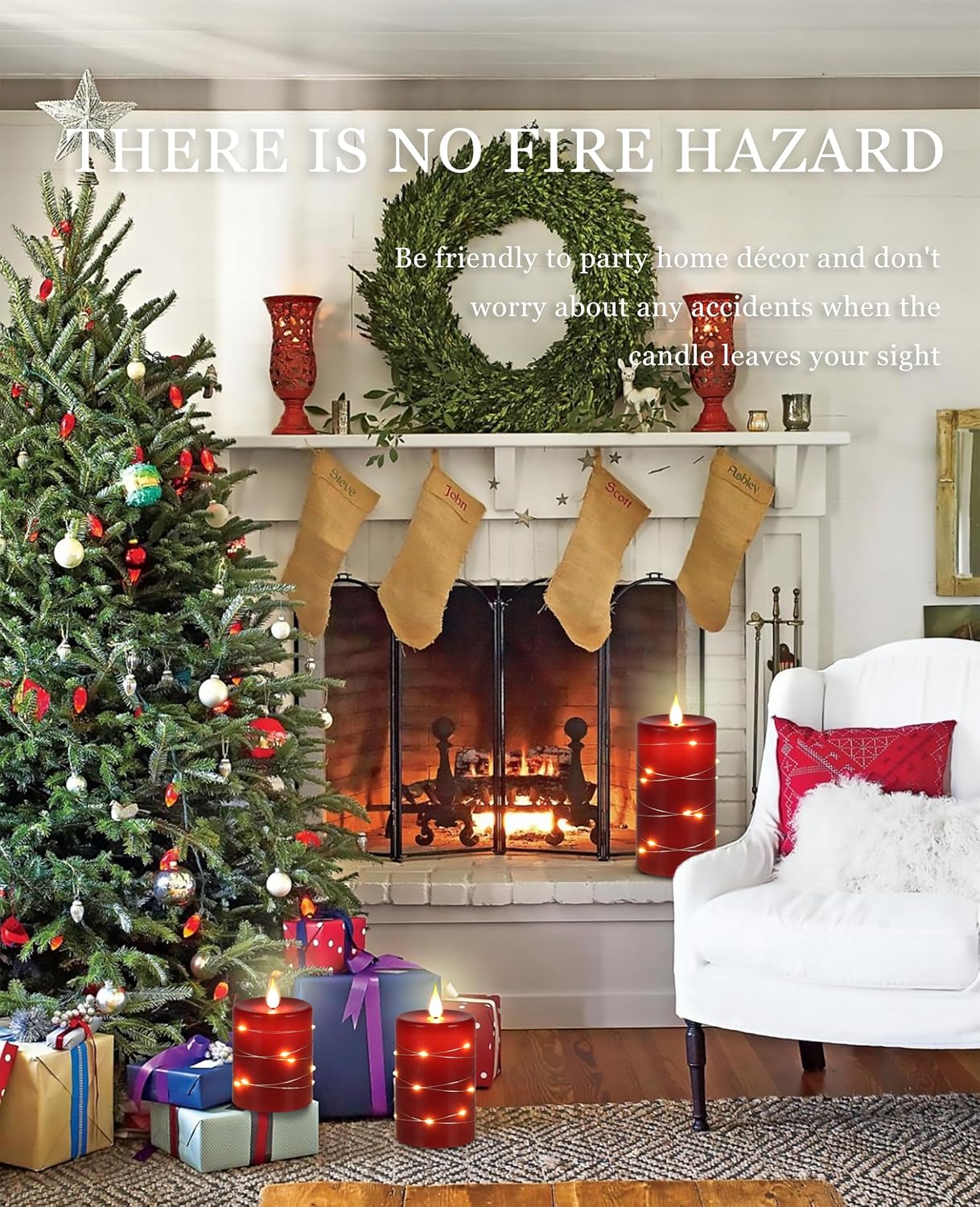 Set of 3 Red Flameless LED Pillar Candles with Remote - 4'', 5'', 6''