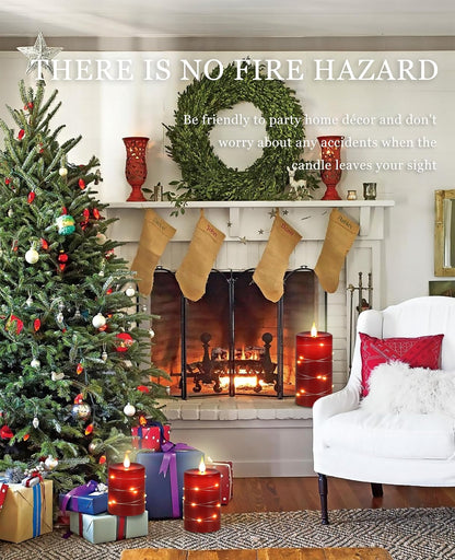 Set of 3 Red Flameless LED Pillar Candles with Remote - 4'', 5'', 6''