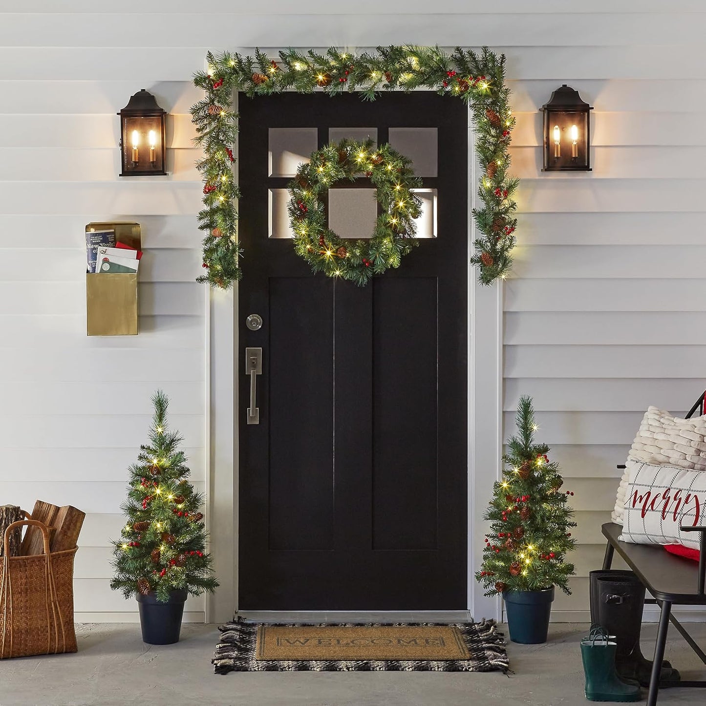 Pre-Lit Christmas Decoration Set - 4 Pieces with Trees, Wreath, and Garland