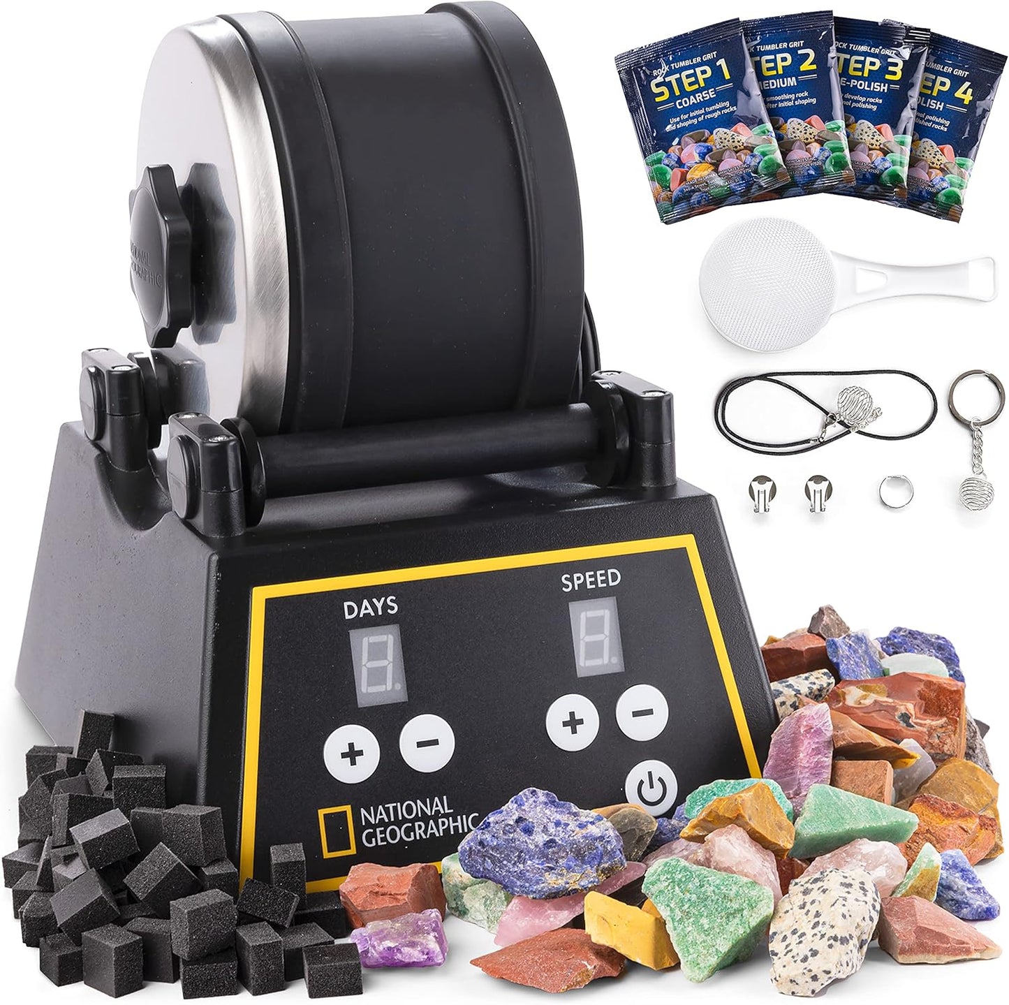 National Geographic Professional Rock Tumbler Kit – 2 lb Barrel with Rocks, Grit & GemFoam Polish