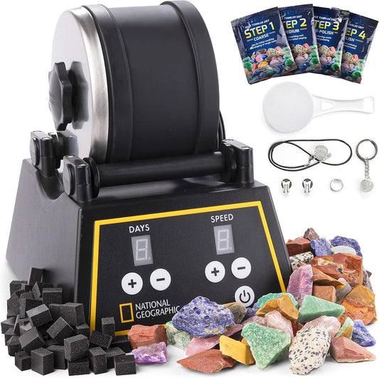National Geographic Professional Rock Tumbler Kit – 2 lb Barrel with Rocks, Grit & GemFoam Polish