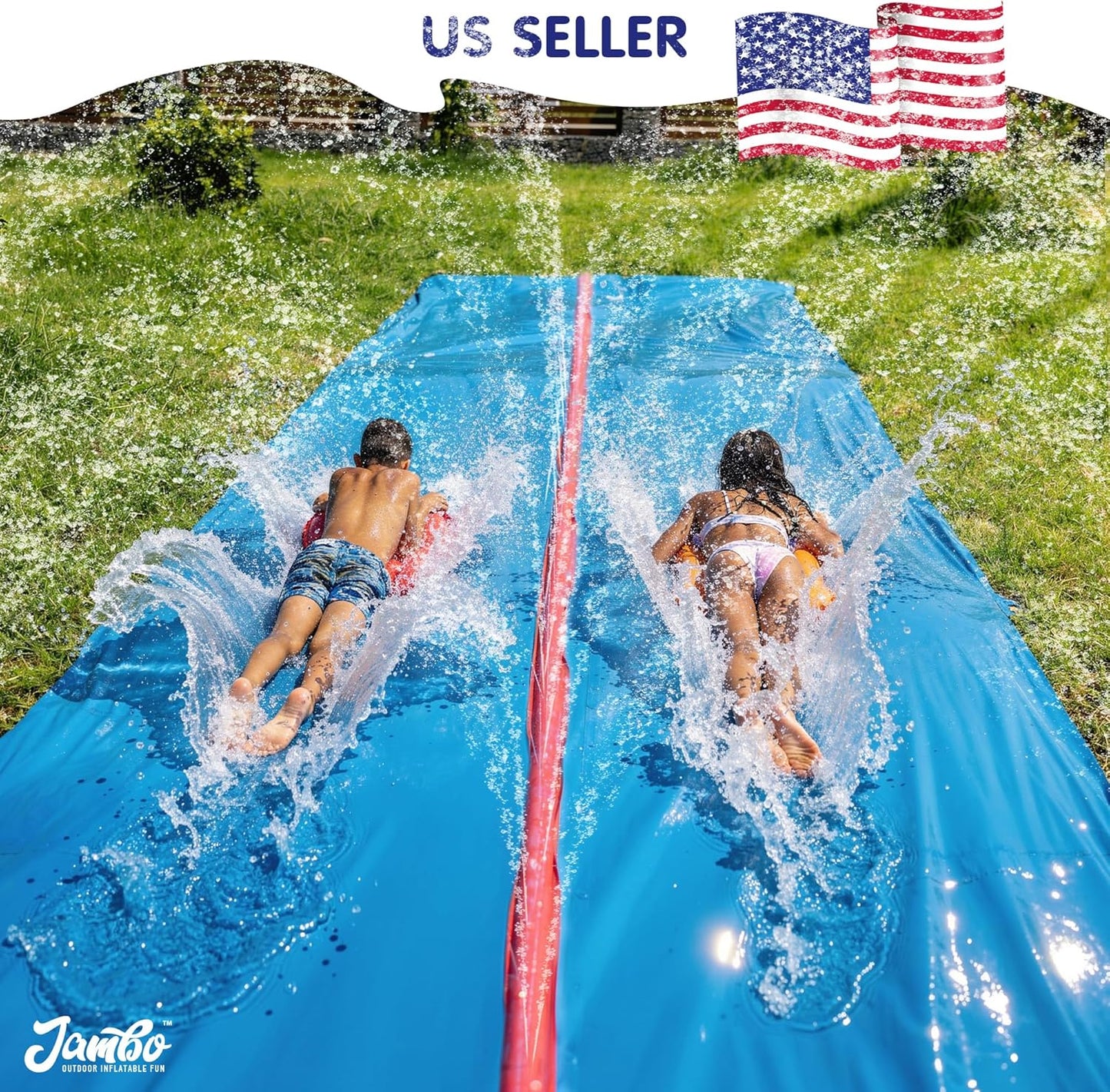 40FT Mega Slip & Splash Water Slide – Double Lane Backyard Waterslide with Red Sprinkler & 2 Bodyboards