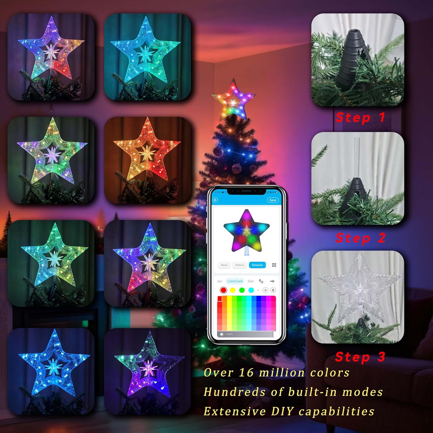 10" Lighted Christmas Tree Star Topper - Shatterproof Plastic with RGB Glow & USB Plug for Holiday Decorations