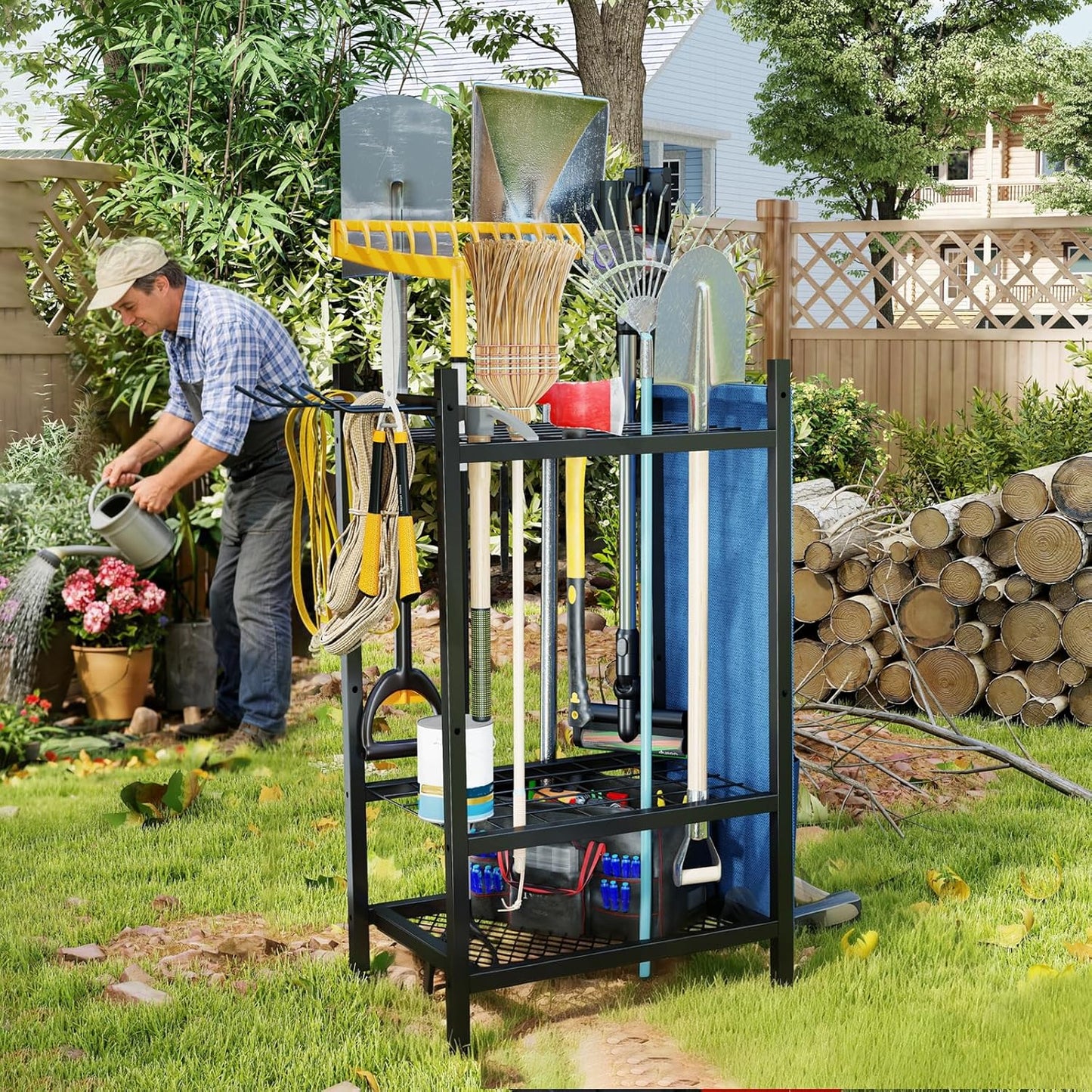 Garden Yard Tool Rack – Metal Garage Storage Organizer for Up to 46 Tools, Rakes, Brooms & Shovels