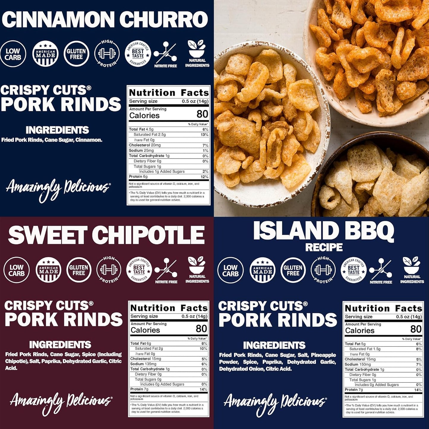 Gluten-Free Pork Rinds Variety Pack – Island BBQ, Cinnamon Churro & Sweet Chipotle, High-Protein, Low-Carb Keto & Paleo Snack, 1 oz Bags (6 Pack)