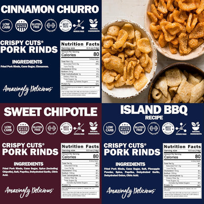 Gluten-Free Pork Rinds Variety Pack – Island BBQ, Cinnamon Churro & Sweet Chipotle, High-Protein, Low-Carb Keto & Paleo Snack, 1 oz Bags (6 Pack)