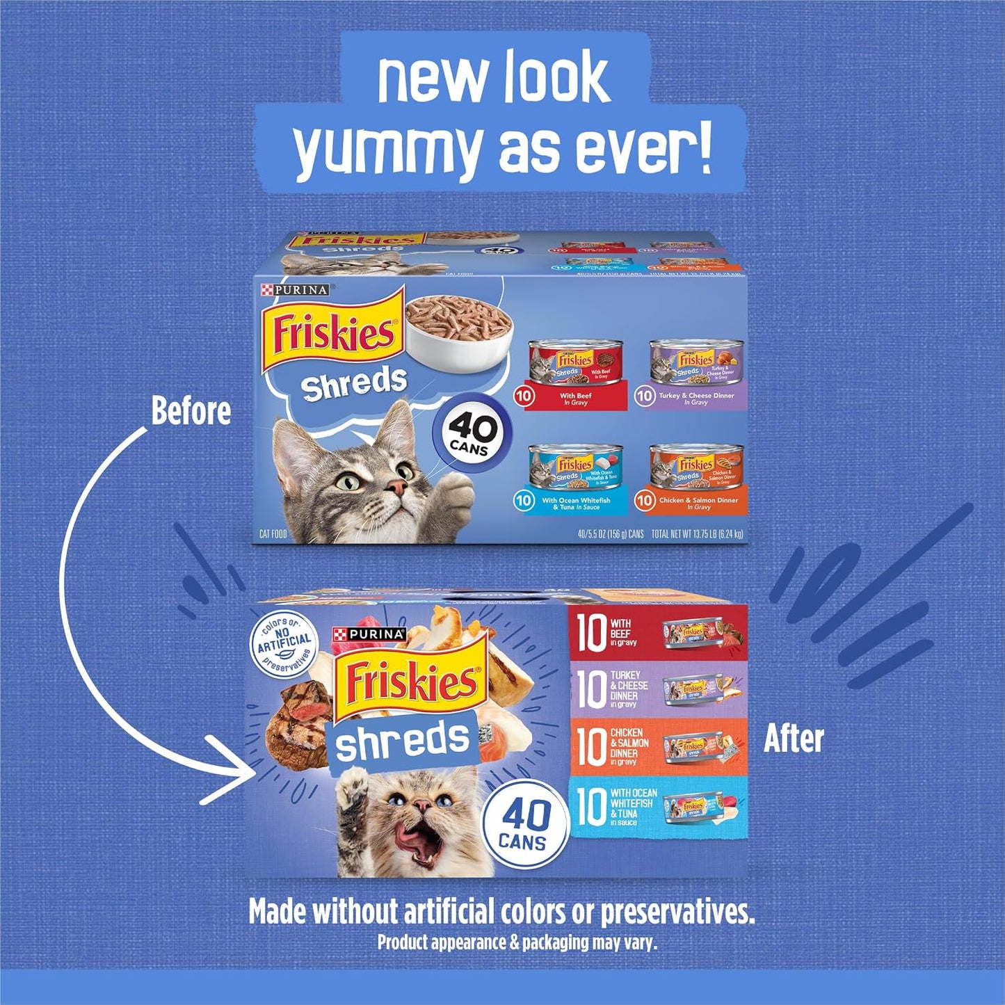 Wet Cat Food Variety Pack – Shreds with Beef, Turkey, Chicken, Salmon, Whitefish & Tuna, 5.5 oz Cans (40 Pack)