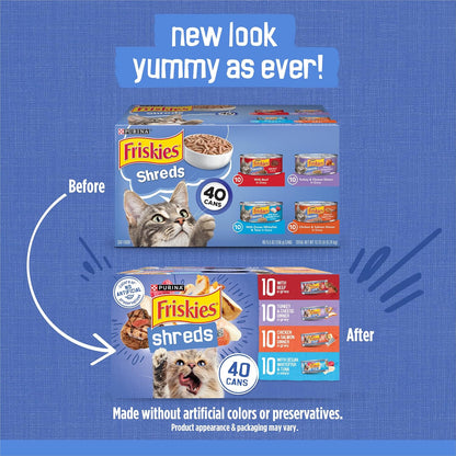 Wet Cat Food Variety Pack – Shreds with Beef, Turkey, Chicken, Salmon, Whitefish & Tuna, 5.5 oz Cans (40 Pack)