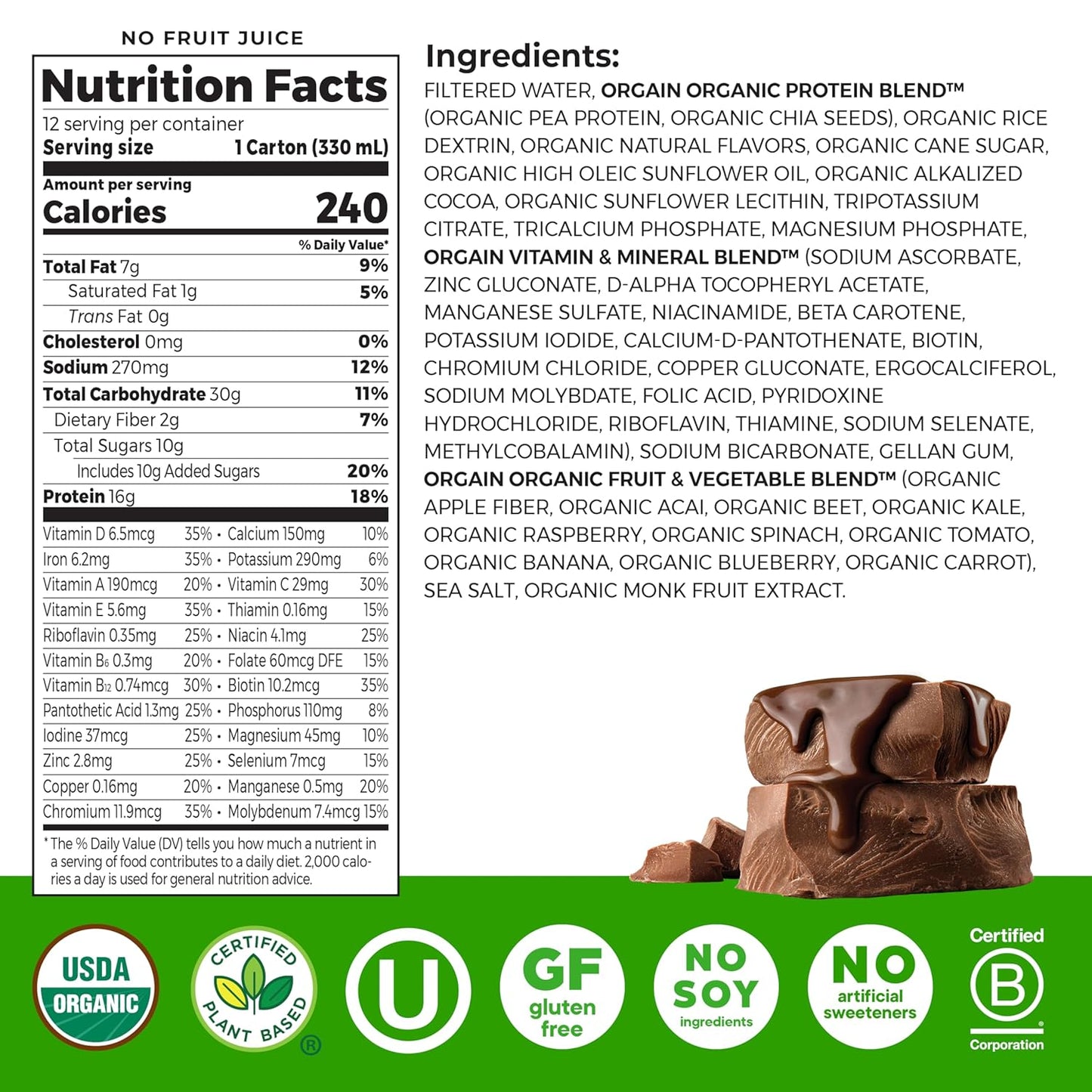 Orgain Organic Vegan Protein Shake – Smooth Chocolate, 16g Plant Protein – 11 fl oz (Pack of 12)