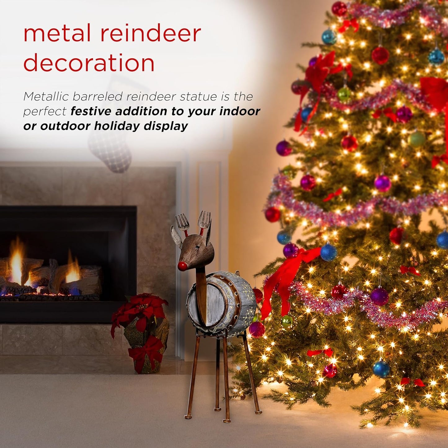 33" Tall Metal Barrel Reindeer with LED Lights