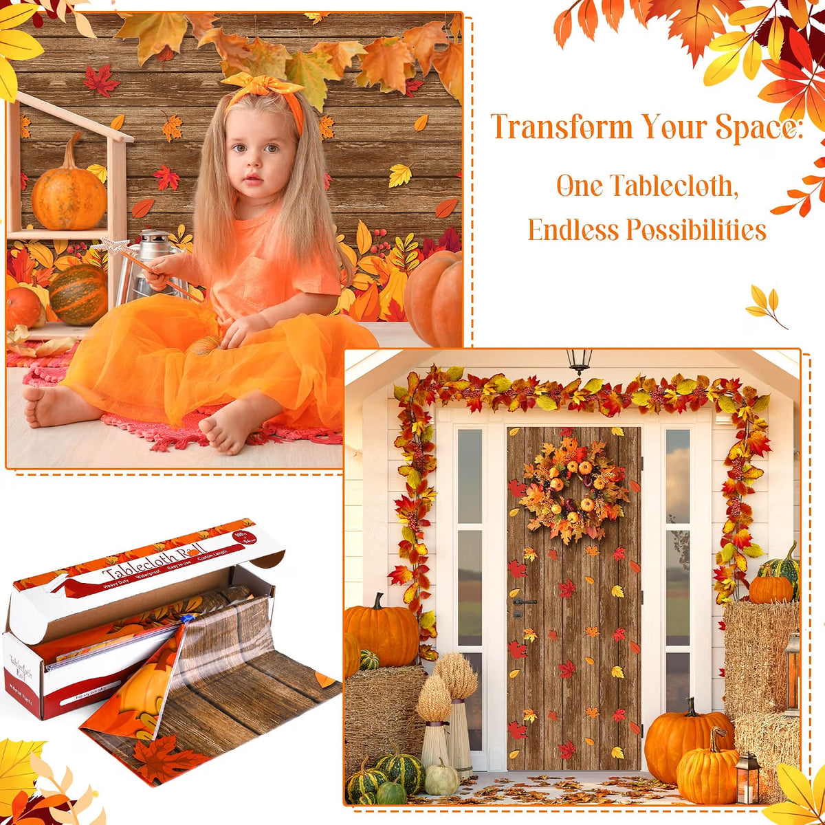 100 FT x 54" Fall Plastic Tablecloth Roll with Cutter – Pumpkin & Maple Leaf Thanksgiving Table Cover for Autumn Harvest Parties