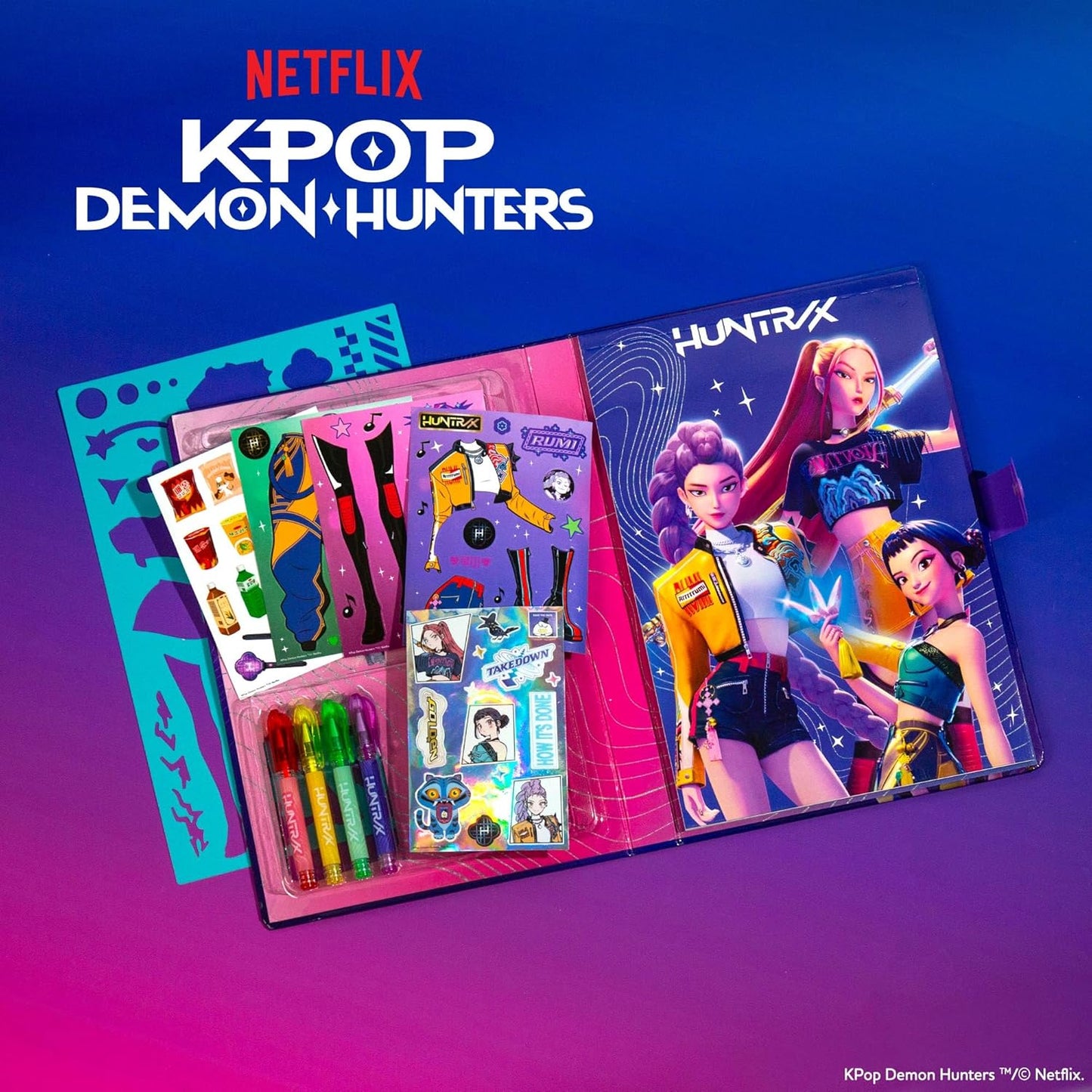 Kpop Demon Hunters Fashion Sketch Set – Coloring Book, Gel Pens, Stickers & Stencils Art Kit for Girls Ages 6–8