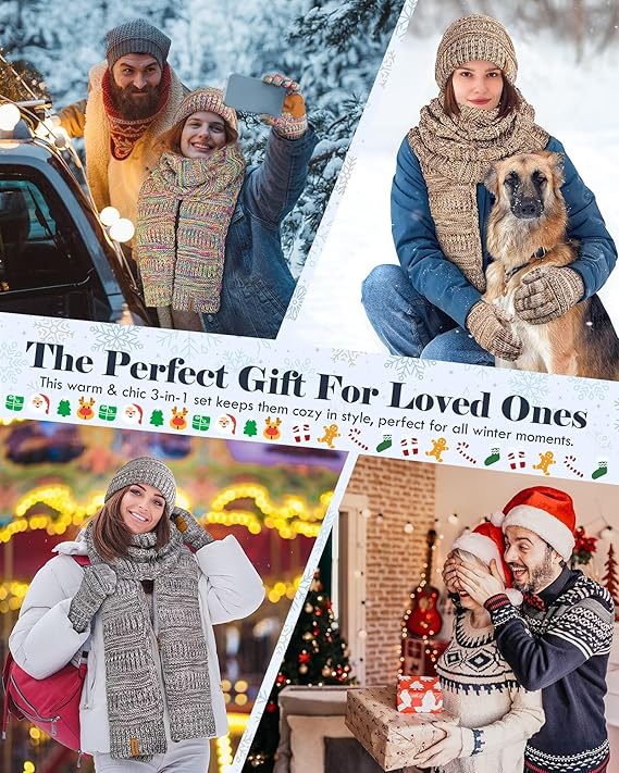 Women’s Winter Beanie, Multicolor Scarf & Touchscreen Gloves Set – Warm 3-in-1 Slouchy Knit