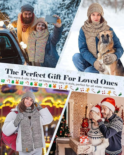 Women’s Winter Beanie, Multicolor Scarf & Touchscreen Gloves Set – Warm 3-in-1 Slouchy Knit