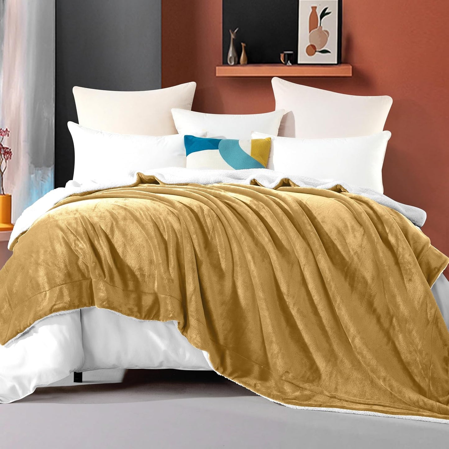 Reversible Flannel Sherpa Blanket - Cozy Fleece Throw, Queen, Gold