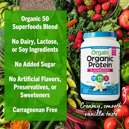 Orgain Organic Vegan Protein + 50 Superfoods Powder – Vanilla Bean, 21g Plant Protein – 2.02 lb
