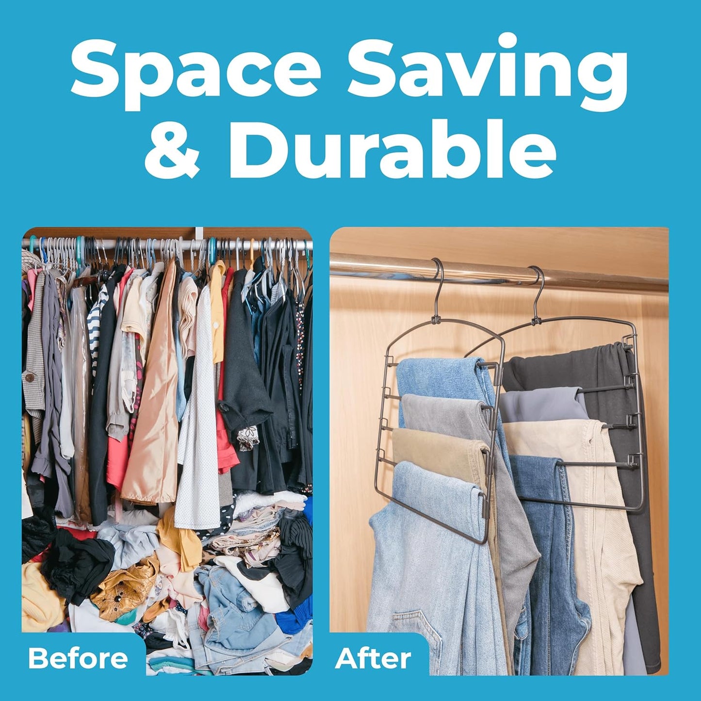 5-Tier Pants Hangers (4 Pack) – Ultra-Slim Space-Saving Closet Organizer with Metal Swivel Hook for Jeans, Slacks & Skirts