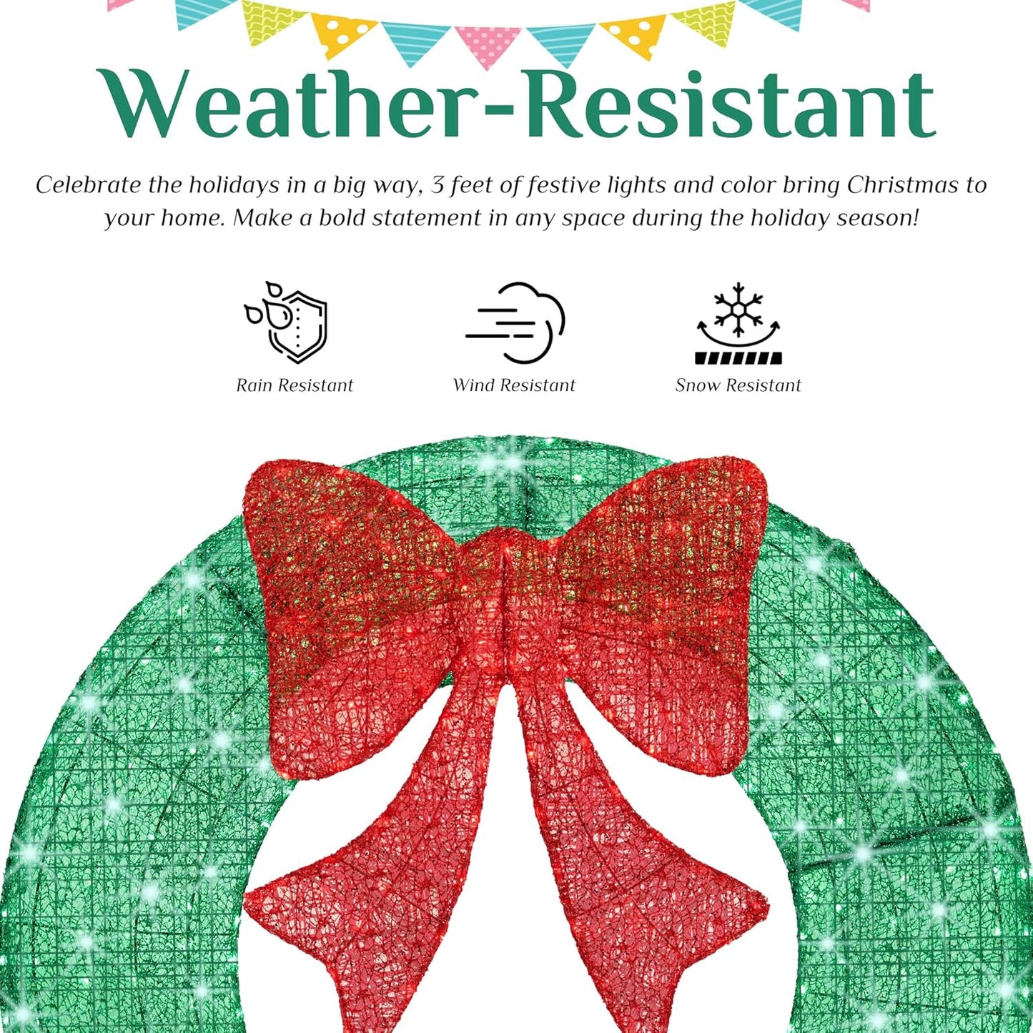 48in Pre-Lit Christmas Wreath with LED Lights and Red Bow