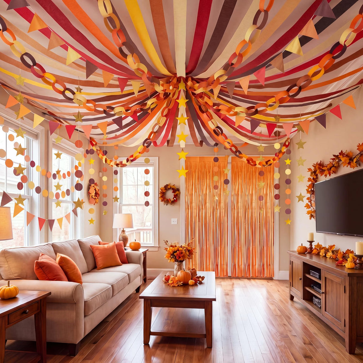 574 FT Fall Paper Chain Garland & Crepe Streamers – Autumn Party Decorations for Thanksgiving & Harvest Events