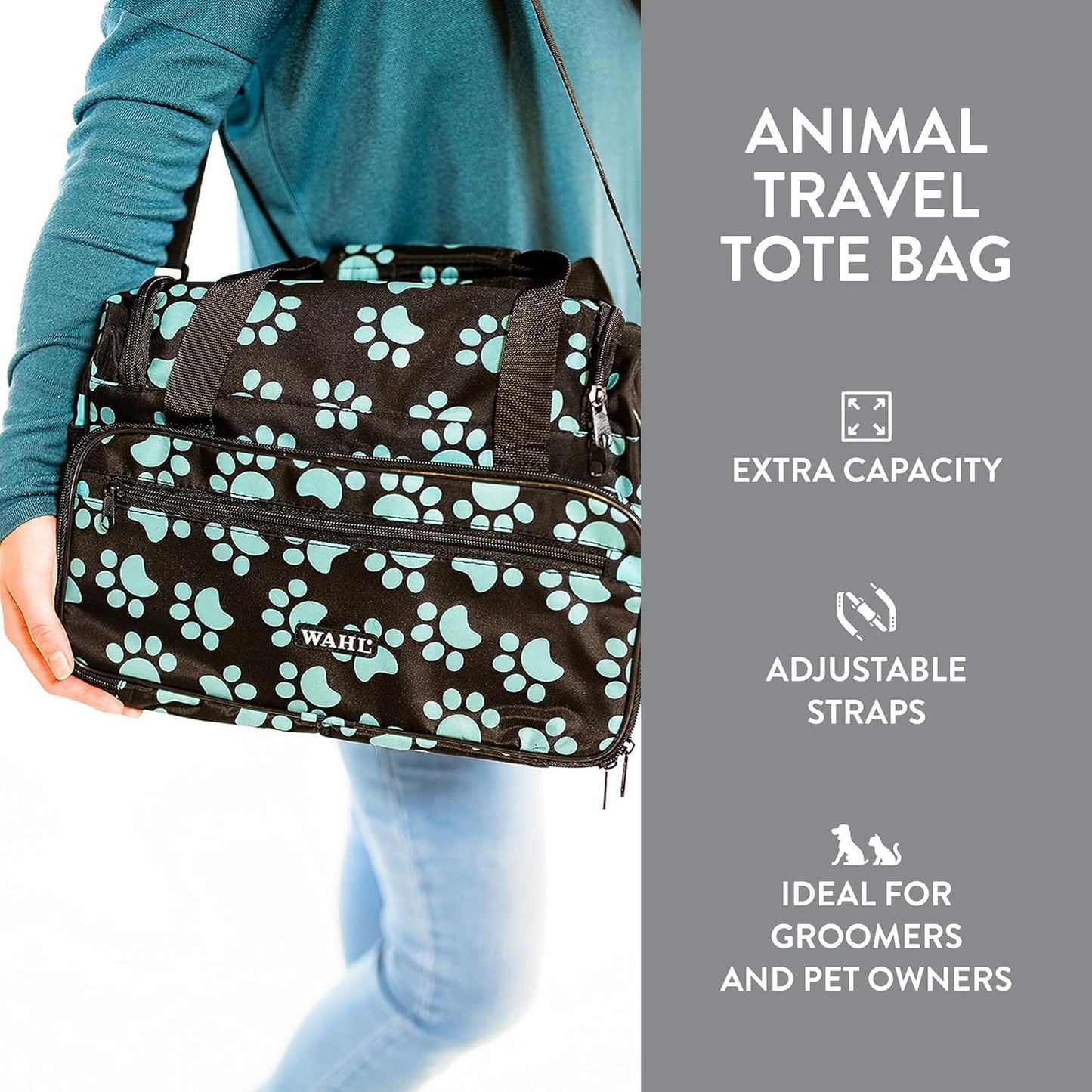 Pet Travel Tote Bag – Zippered Storage Bag for Dog & Cat Grooming Supplies – Turquoise Paw Print, 28.8"