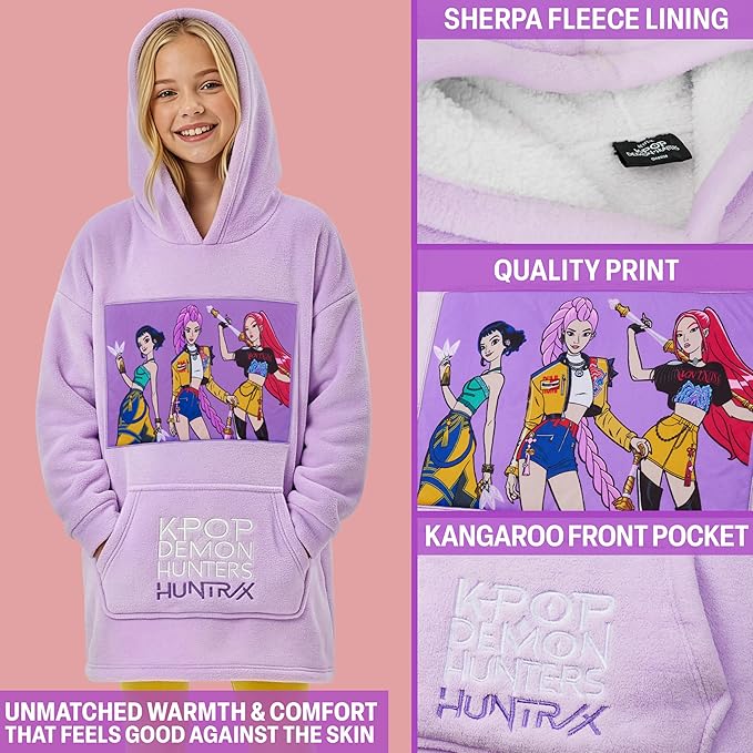 KPop Demon Hunters Huntrix Wearable Blanket Hoodie – Fleece Hoodie for Girls 6–14, Official Licensed KPop Merch