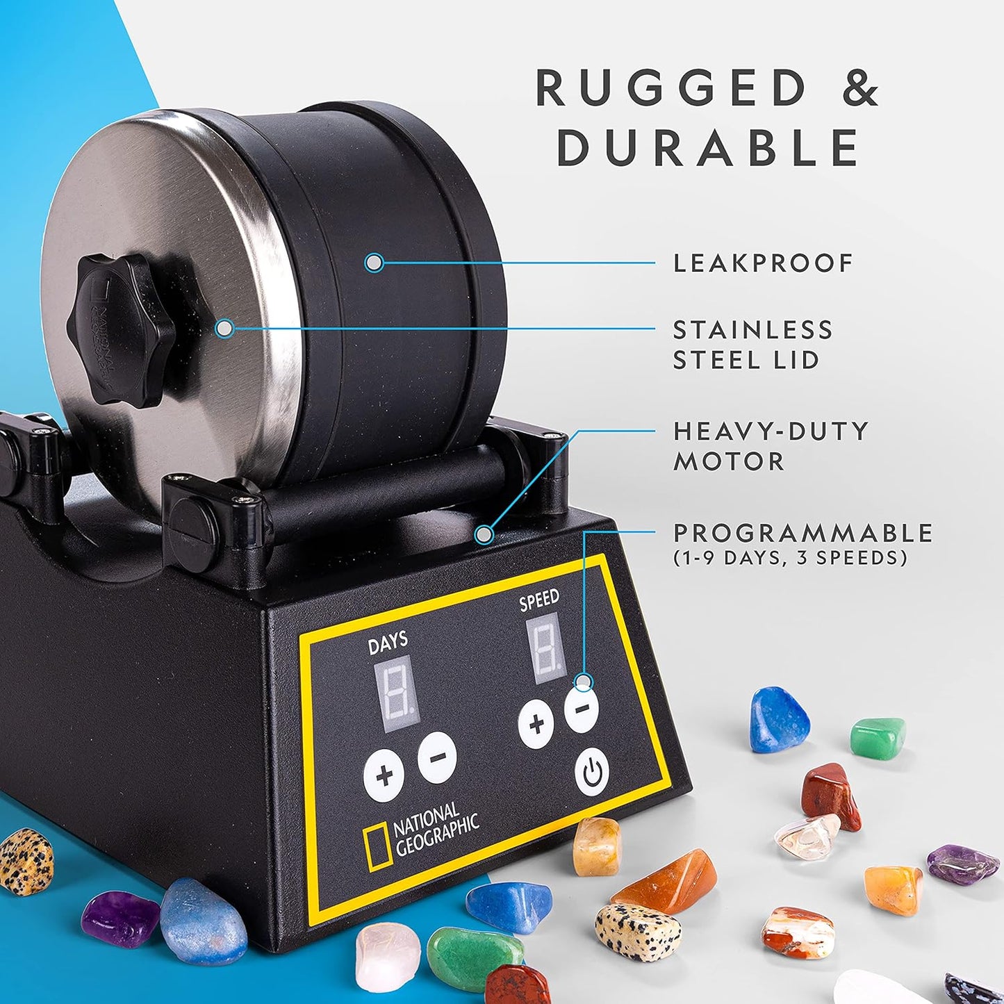 National Geographic Professional Rock Tumbler Kit – 2 lb Barrel with Rocks, Grit & GemFoam Polish