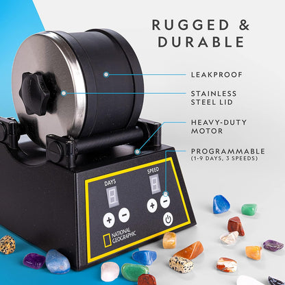 National Geographic Professional Rock Tumbler Kit – 2 lb Barrel with Rocks, Grit & GemFoam Polish